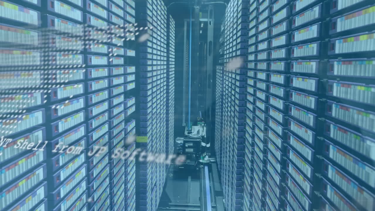 Animation of data processing over world map against computer server room