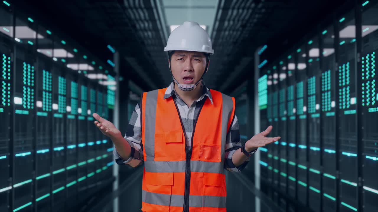 Sich fragender asiatischer Ingenieur mit Schutzhelm, der zweifelnd in einem Serverraum arbeitet und sich fragt, warum