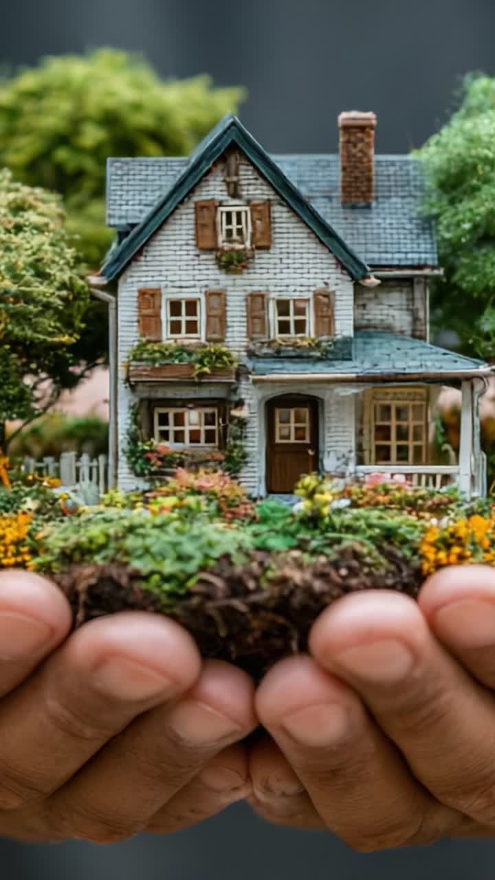 Realizzato con cura: uno sguardo dettagliato a una casa in miniatura circondata da una vegetazione lussureggiante, tenuta delicatamente tra le mani, che mette in mostra la bellezza dell'architettura in scala e della natura
