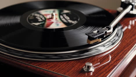 close-up of a vinyl record spinning on a turntable