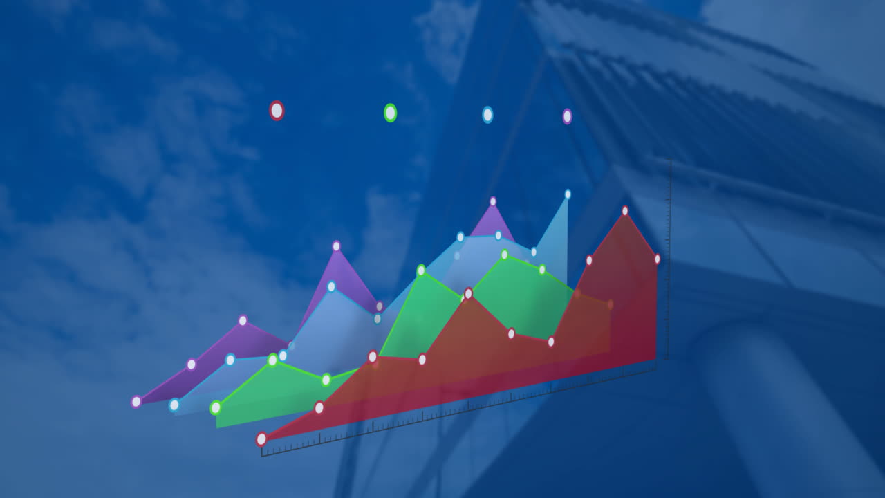 Animation der Finanzdatenverarbeitung über einem modernen Gebäude