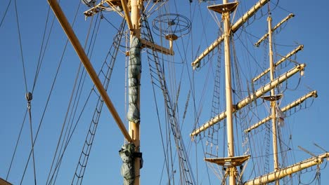 tilting shot of three masts of tall ship boat hotel alexander von humboldt in bremen