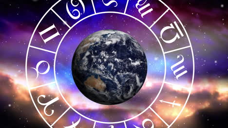 animation of horoscope star sign wheel and globe over vibrant coloured clouds