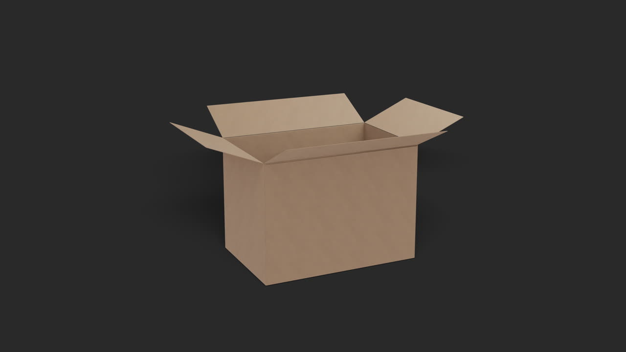 갈색 카드보드 상자가 빨리  ⁇ 으로 이동하고 검은색 배경에 열립니다.
