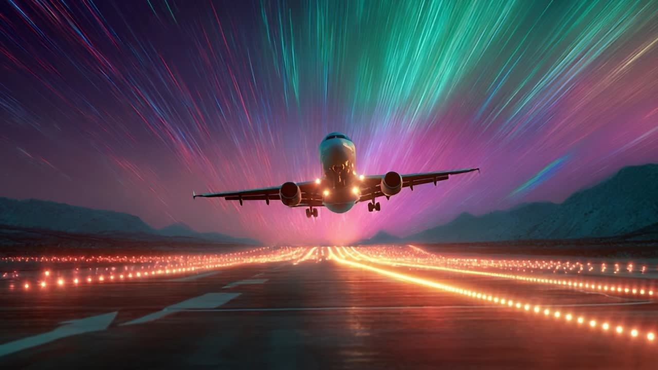 Flugzeug landet nachts mit bunten Lichtern im Hintergrund