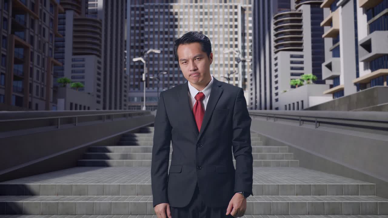 un hombre de negocios asiático no está satisfecho y sacude la cabeza mientras está de pie en la ciudad