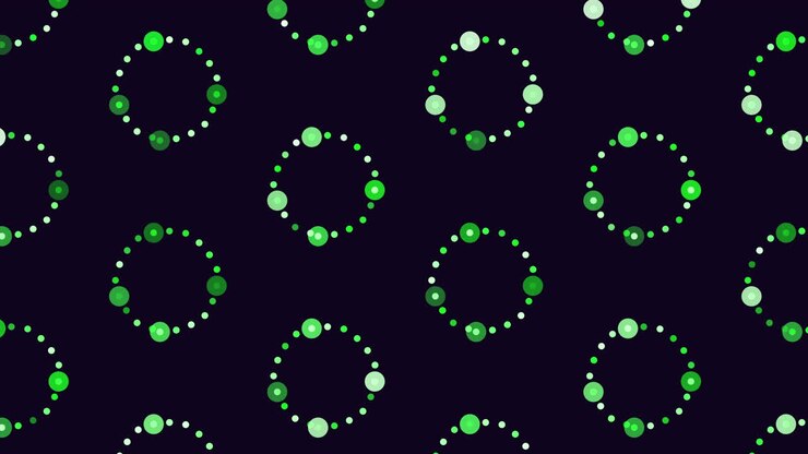 Motivo simmetrico a punti blu su sfondo nero. Disposizione circolare con punti sovrapposti e distanziati che creano un design visivo accattivante