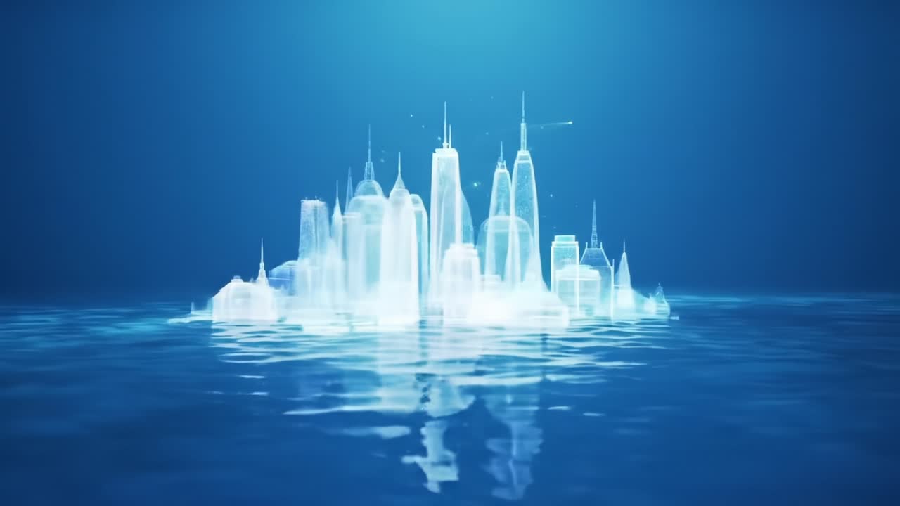 A Fantastical Ice Palace Emerges from Tranquil Waters, Transcending the Ordinary with Its Ethereal Beauty and Captivating Design Amidst a Dreamlike Atmosphere