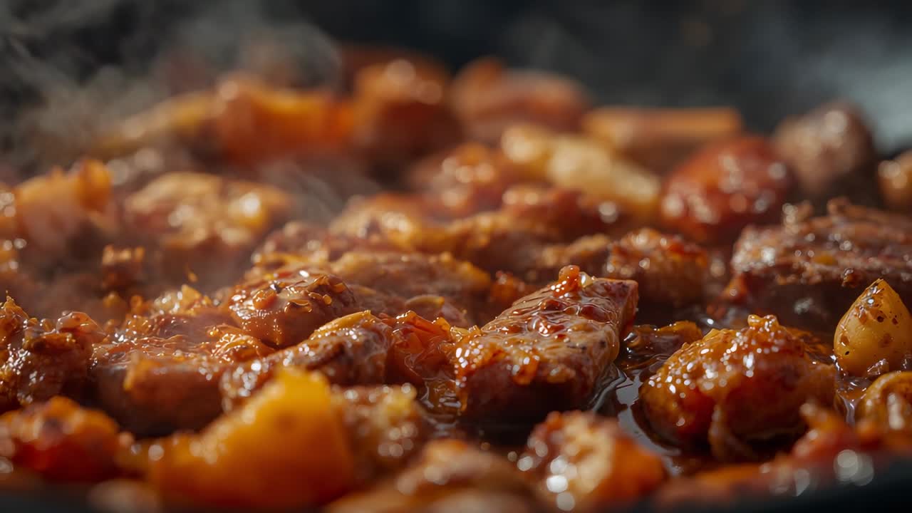 A fuoco lento con il bruciatore acceso, carne e verdure a dadini che rilasciano vapore nella pentola sul fornello, salsa che si addensa