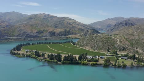 Flotando-Sobre-Un-Hermoso-Viñedo-Junto-Al-Lago-En-El-Centro-De-Otago-Con-Heroicas-Montañas-Detrás