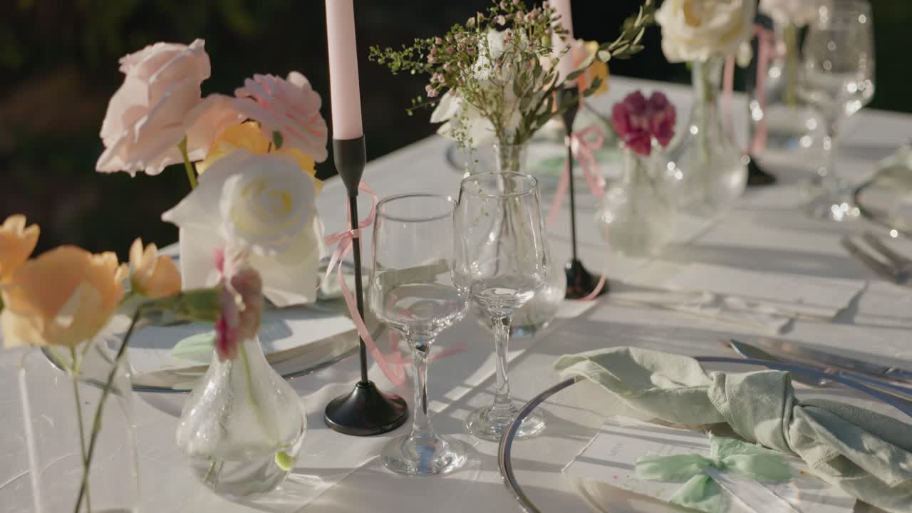 Classic Wedding Table Arrangement With Elegant Glass Wines. Close-up Shot
