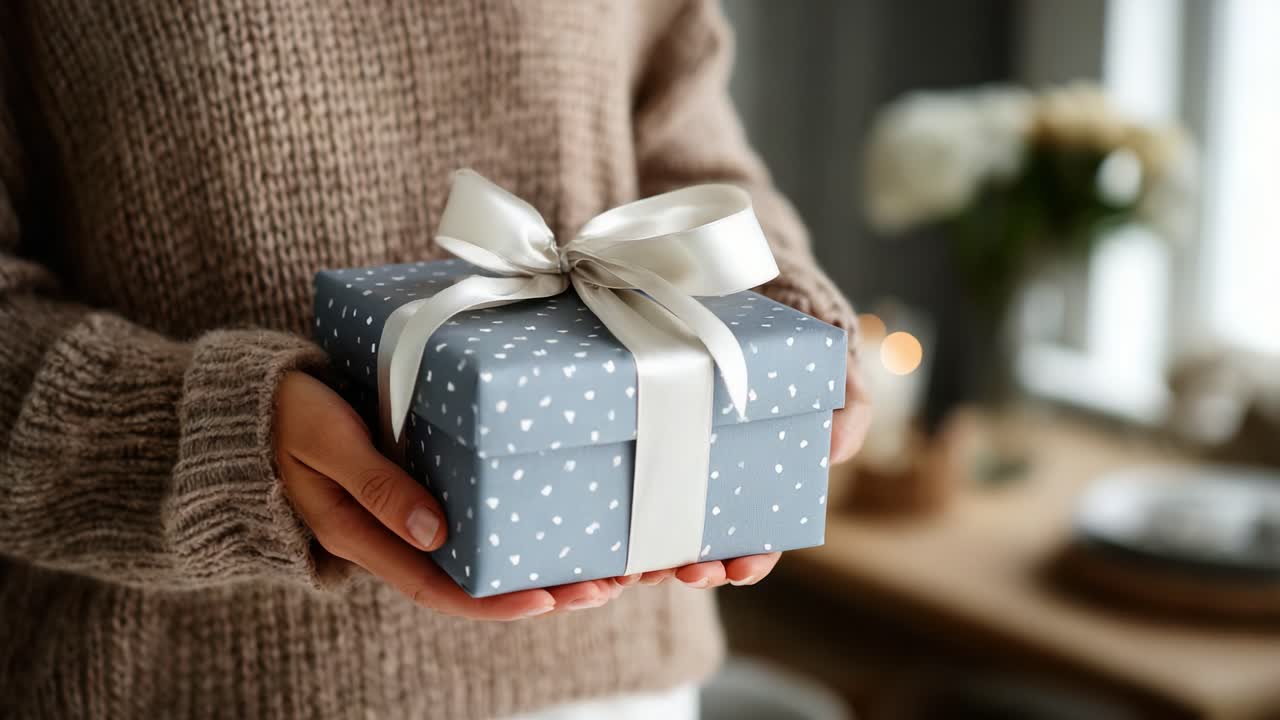 Una confezione regalo splendidamente incartata tenuta in mano da una persona con un comodo maglione, che mostra dettagli eleganti come un nastro di raso e motivi decorativi, perfetta per ogni occasione