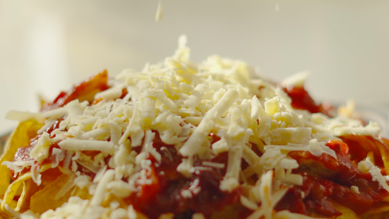 Grated Cheese Falling onto Bean Salsa Resting on Crunchy Tortilla Nachos Mexican Chips in Slow Motion. Tex-Mex Fully Loaded Crispy Delicious Party Snack