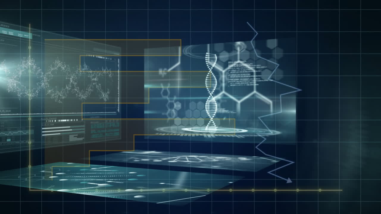 DNA strand and molecular structures in futuristic digital interface animation