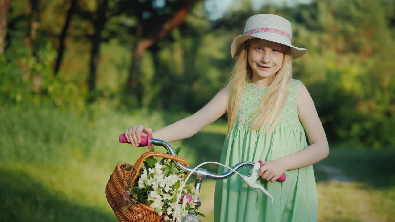 портрет блондинки на велосипеде с корзиной полевых цветов смотрит в камеру 4k видео