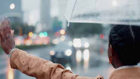 Woman,-hail-taxi-in-city-and-umbrella