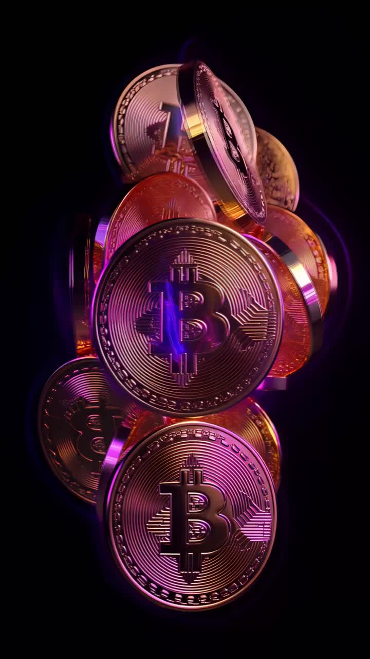 Animazione rotante di Bitcoin dorato su sfondo scuro, criptovaluta cinematografica 4K.