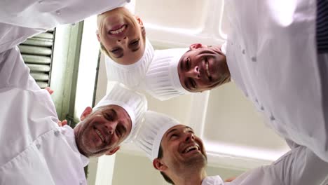 equipo de cocineros de pie en círculo mirando hacia abajo a la cámara