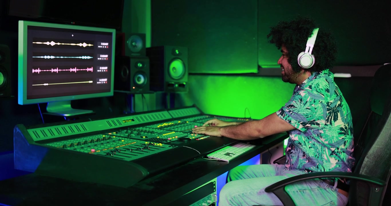 Music Producer Operating a Mixing Board in a Green Lit Studio