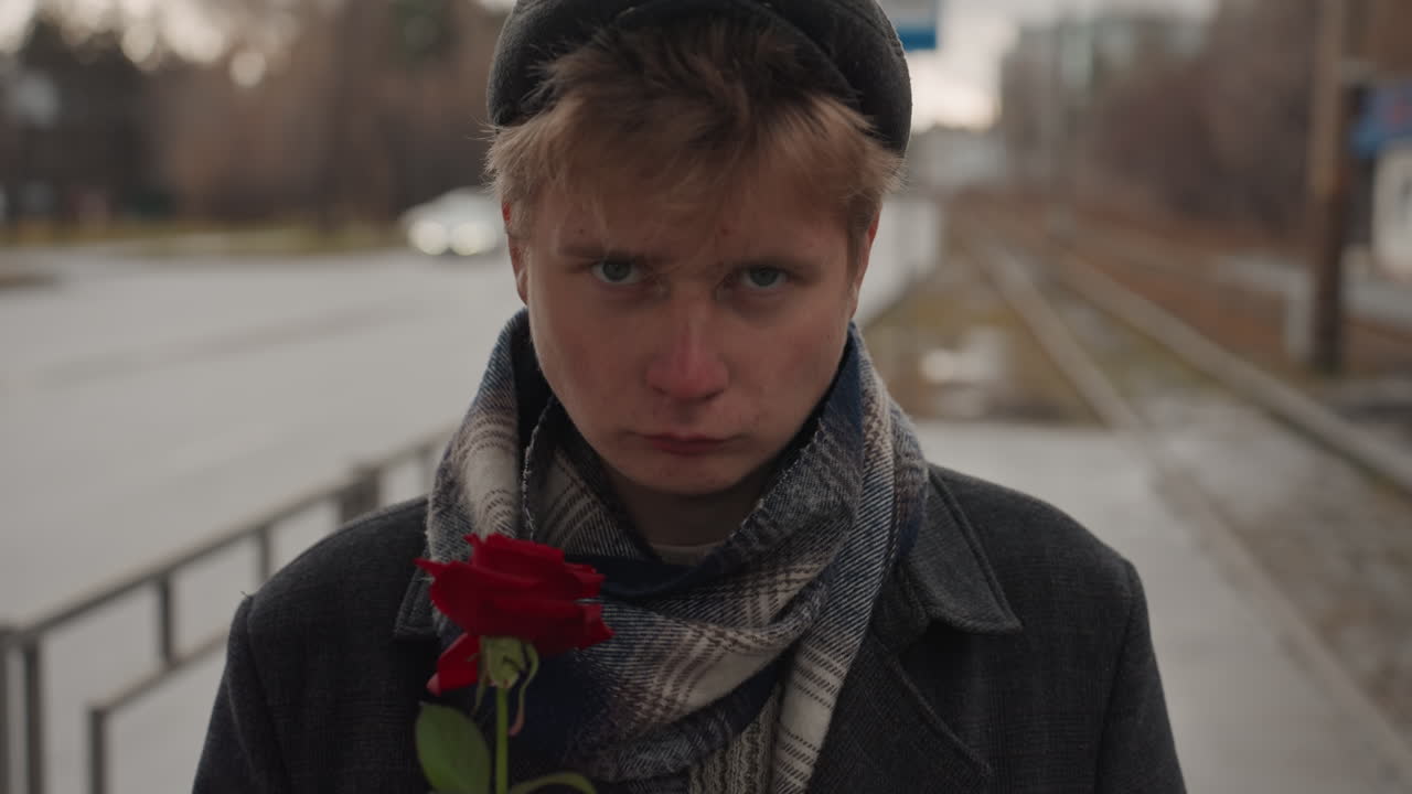 Young man offering solitary red rose on empty tram platform, wet pavement and railing, direct stare into camera, beanie and scarf, vulnerable creator confronting memory, cinematic tension at dusk