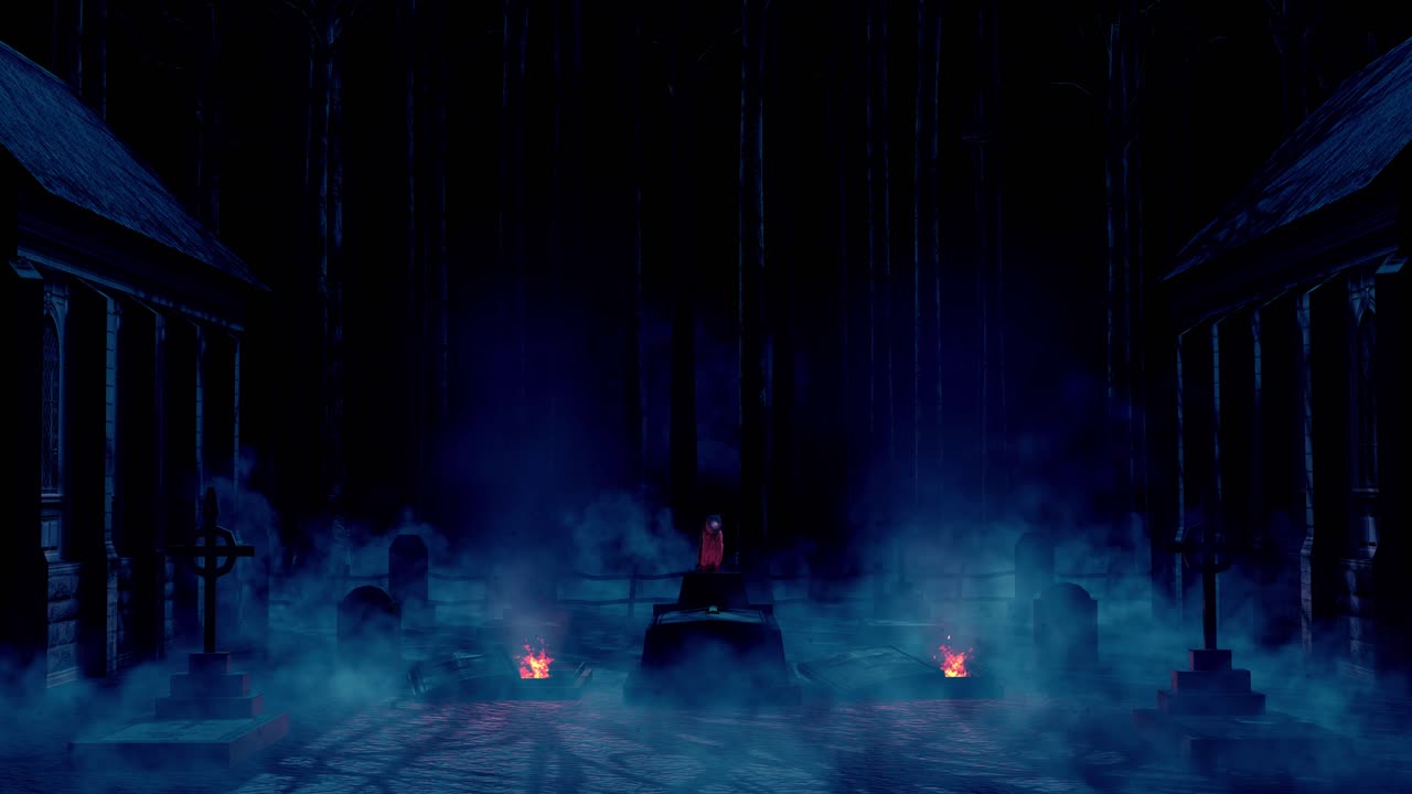 страшное кладбище на хэллоуин с совой со светящимися глазами, туман, туман на земле, лес с привидениями, старые церковные здания, 3d анимация