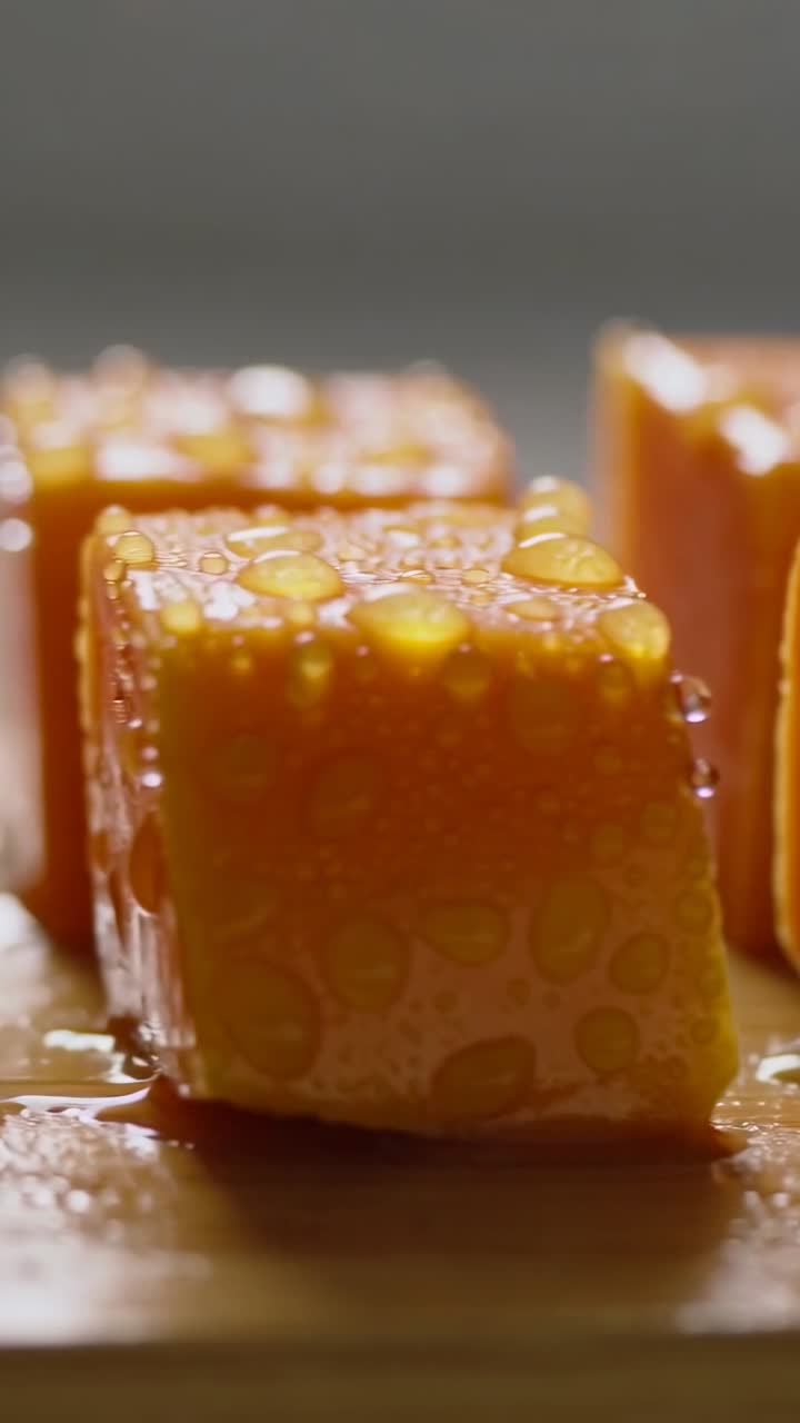 Vertical video: Shifting camera revealing orange fruit cubes on wood board, focusing on droplets