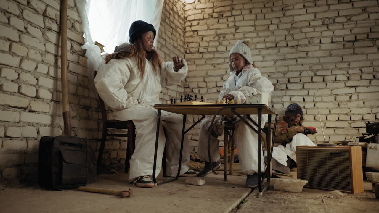 Girl in white coat makes chess move while another child observes, seated inside cold brick shelter with worn radio, scattered supplies, and child in background sharpening wood beside cooking pot