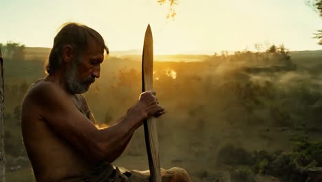 a primitive man with a beard and a spear sits on a rock, looking towards a sunset in a forest.