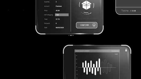 Animation of digital interface and data processing on black background