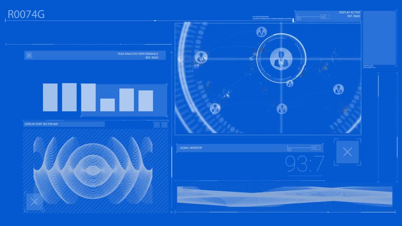 Animation of data processing over blue background
