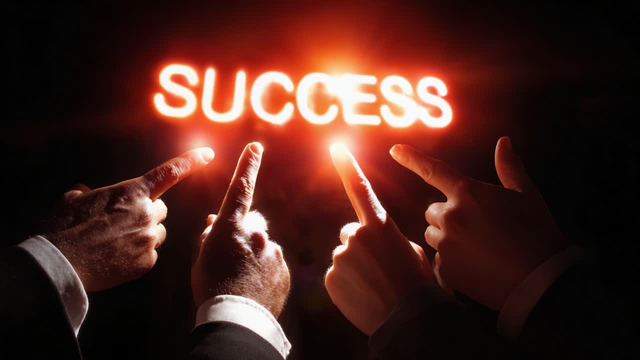 Hands Pointing to Glowing 'Success' Sign Symbolizing Achievement, Ambition, and Team Collaboration in a Motivational Setting Emphasizing the Pursuit of Goals and Dreams