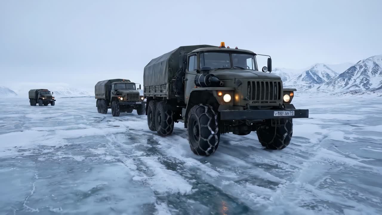 Camion militari che viaggiano in convoglio attraverso un paesaggio ghiacciato e innevato