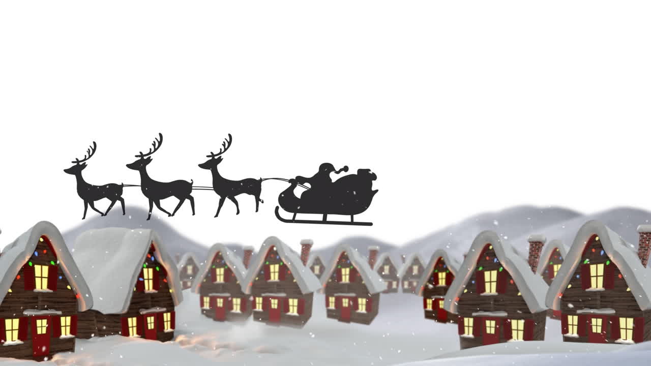 santa claus en trineo siendo tirado por renos contra la nieve que cae sobre las casas en el paisaje de invierno