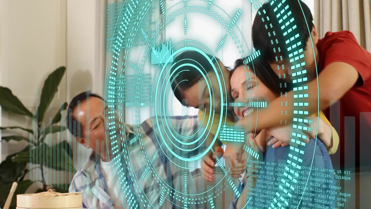 Family gathering around table, adult kids placing hands, draping arms, showing love, HUD overlay