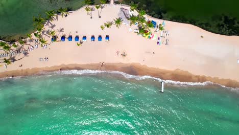 Vista-Aérea-De-Arriba-Hacia-Abajo-Sobre-El-Paraíso-Bahía-De-Anaehoomalu-Océano-Turquesa-Tropical-Hawaiano-Y-Playa-De-Arena-Dorada