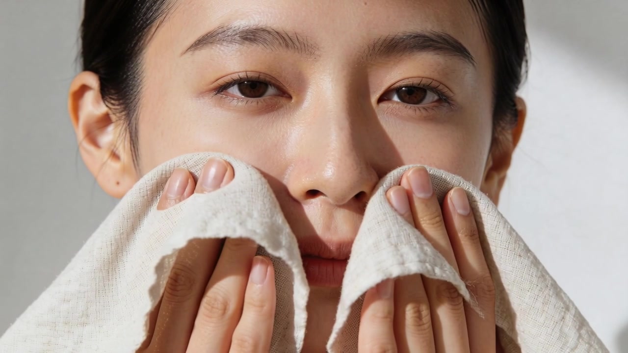 Patting towel, adult Asian woman pressing cloth to cheeks after rinsing face at studio bathroom