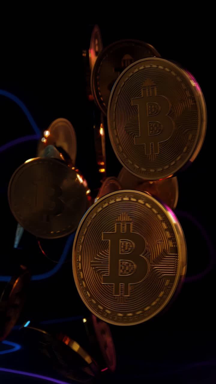 Animazione rotante di Bitcoin dorato su sfondo scuro, criptovaluta cinematografica 4K.