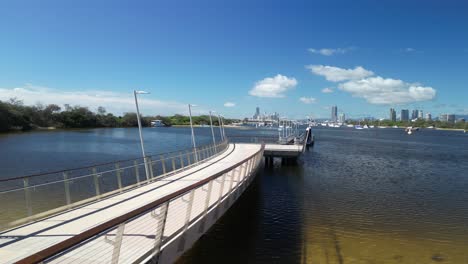 Creative view of a Modern style recreational boating and fishing pontoon located in a safe anchorage harbor