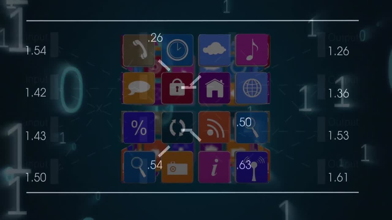 검은색 배경에 아이콘과 데이터 처리를 가진 큐브의 애니메이션