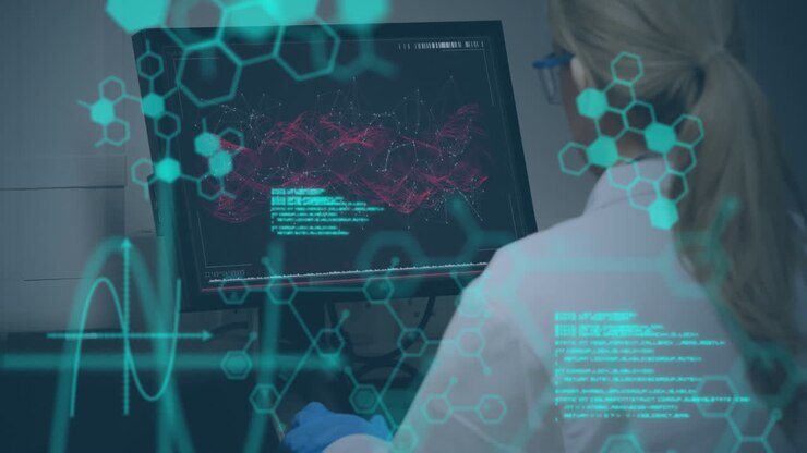 Animation of data processing and molecules over female doctor using computer