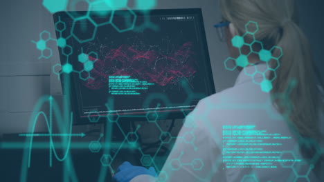 animación de procesamiento de datos y moléculas sobre mujer médico utilizando computadora