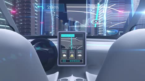 video game simulation screen showing car cockpit driving through city streets