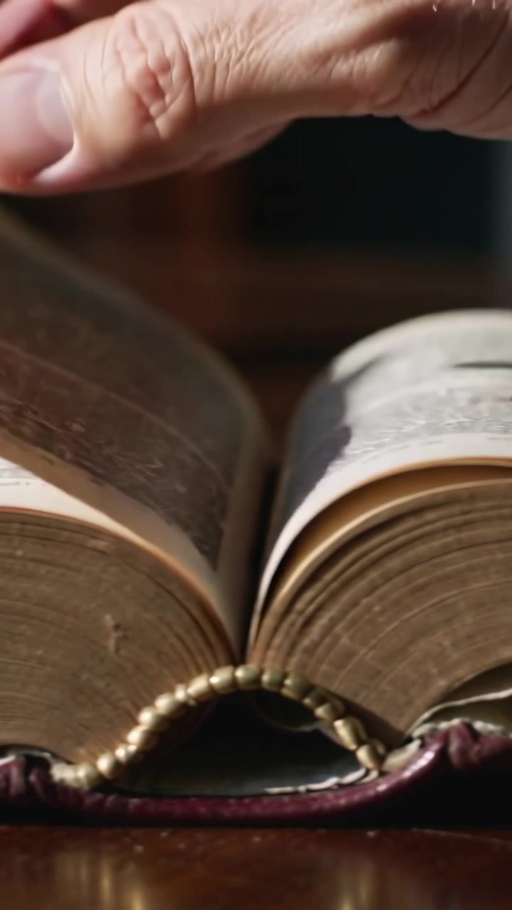 Video verticale: Mano destra che solleva delicatamente una pagina sottile sulla scrivania, rivelando i bordi dorati di un libro antico.