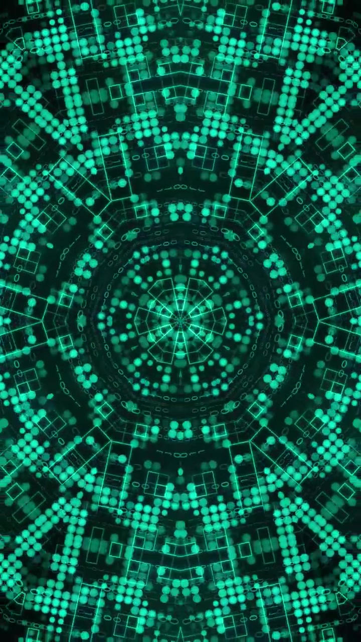 Modello astratto di caleidoscopio digitale con forme geometriche verdi luminose