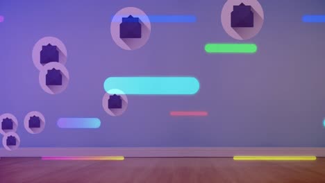 Animation-of-multiple-message-icons-and-colorful-light-trails-against-blue-wall