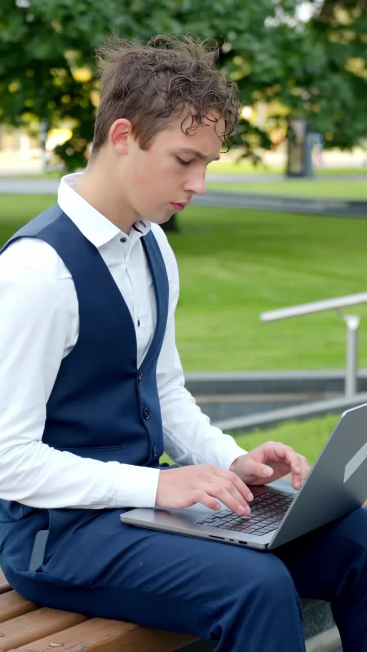 Close-up moving in toward businessman’s hands typing on laptop outdoors