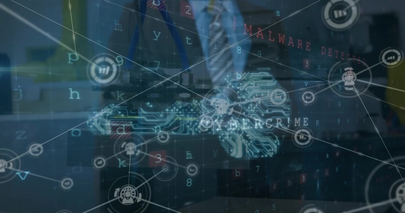 Animation of digital interface and network of connections over businessman