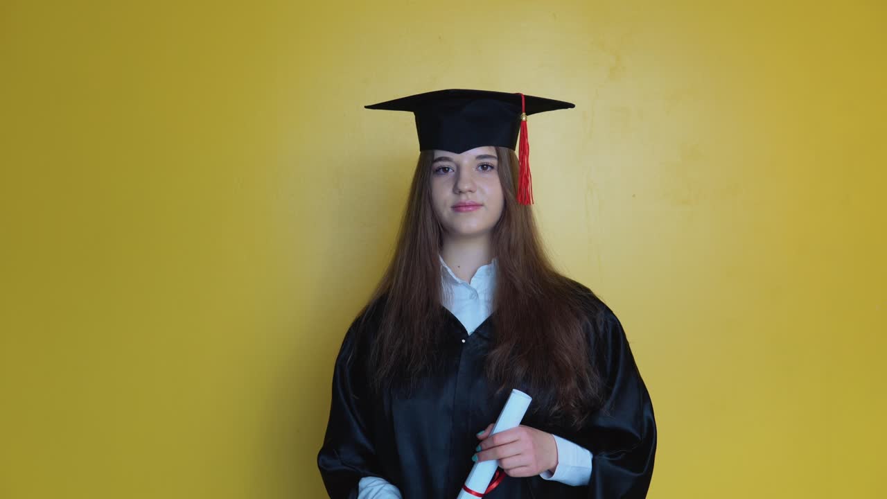 una estudiante caucásica muestra el dedo hacia arriba mientras se queda frente a la cámara con el diploma de graduación en sus manos