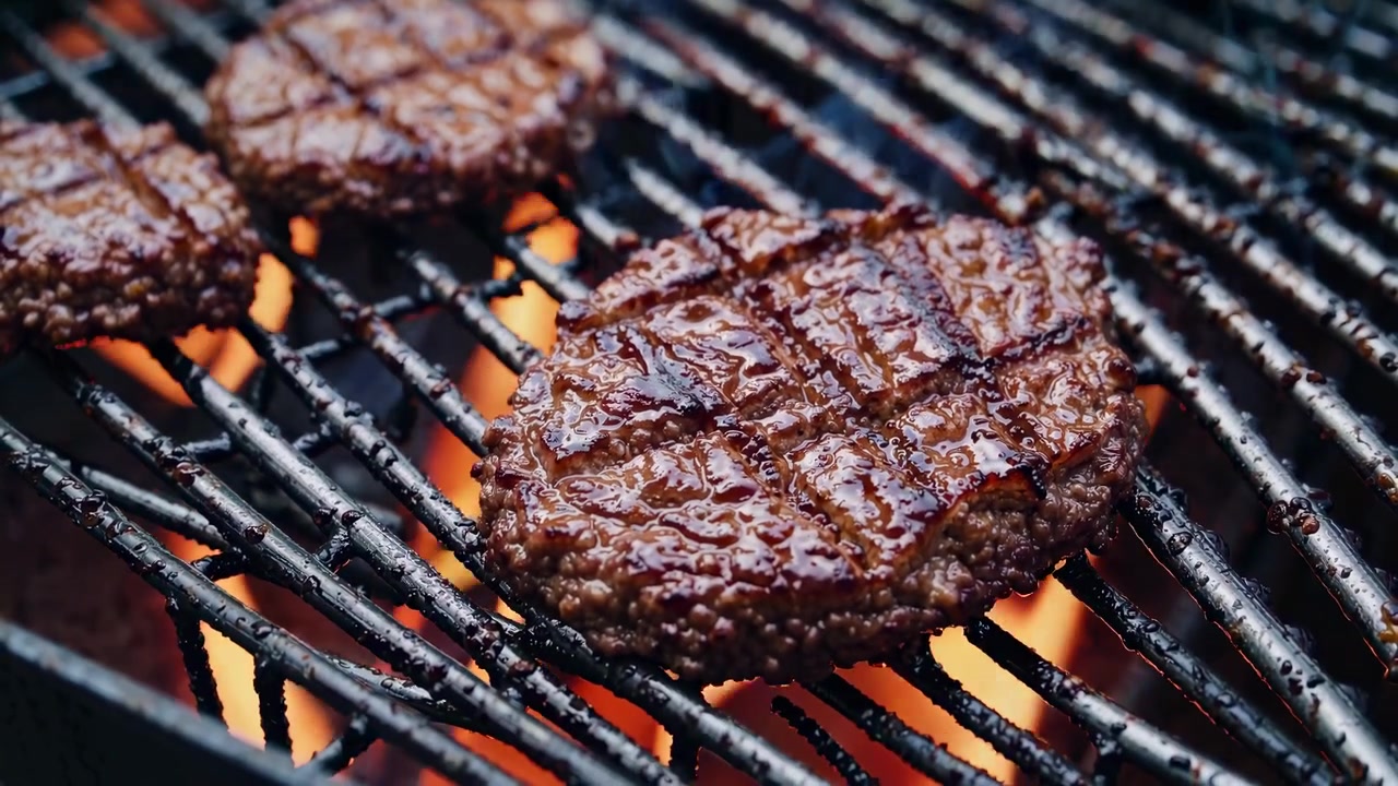 Deliziosi hamburger che sfrigolano su una griglia rovente per barbecue