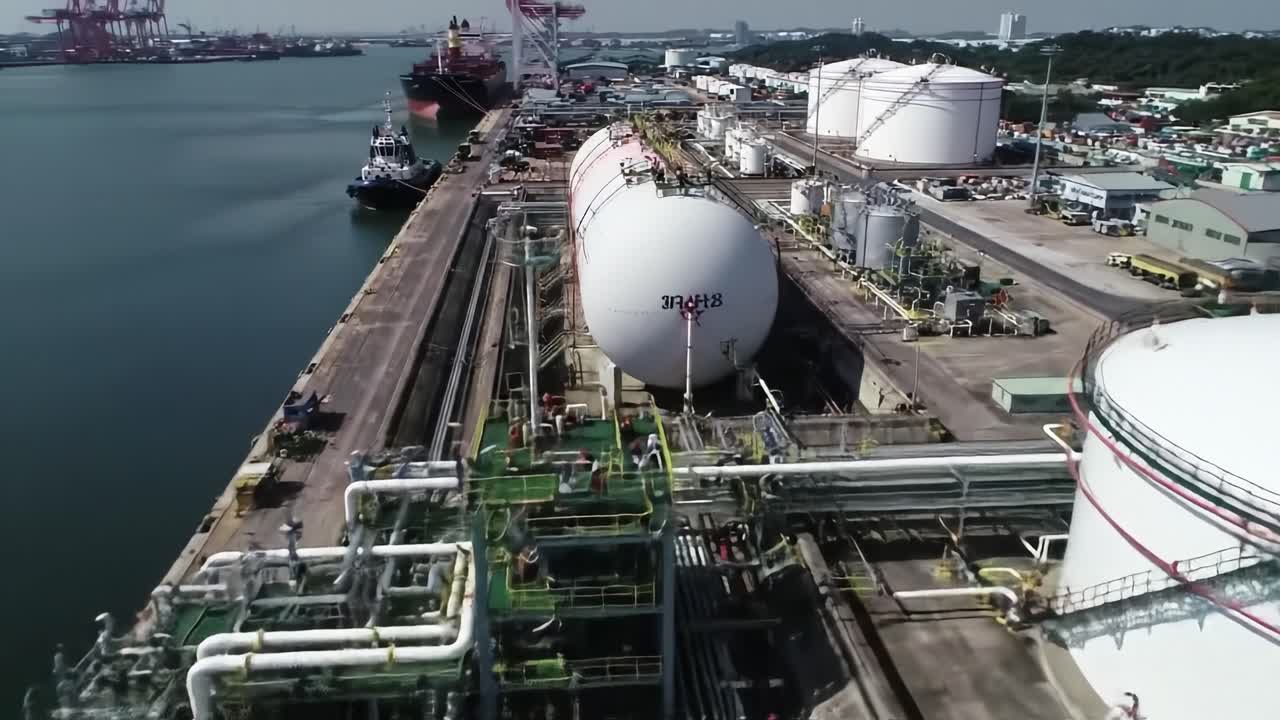 Aerial View of Industrial Tank Storage Facility with Large Vessels Docked and Advanced Infrastructure for Liquefied Gas Operations along the Waterfront